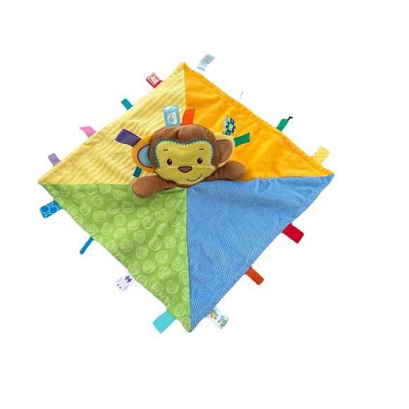 Taggies Monkey Security Blanket Lovey Yellow Blue Green Ribbons Textured 13" - Picture 1 of 7